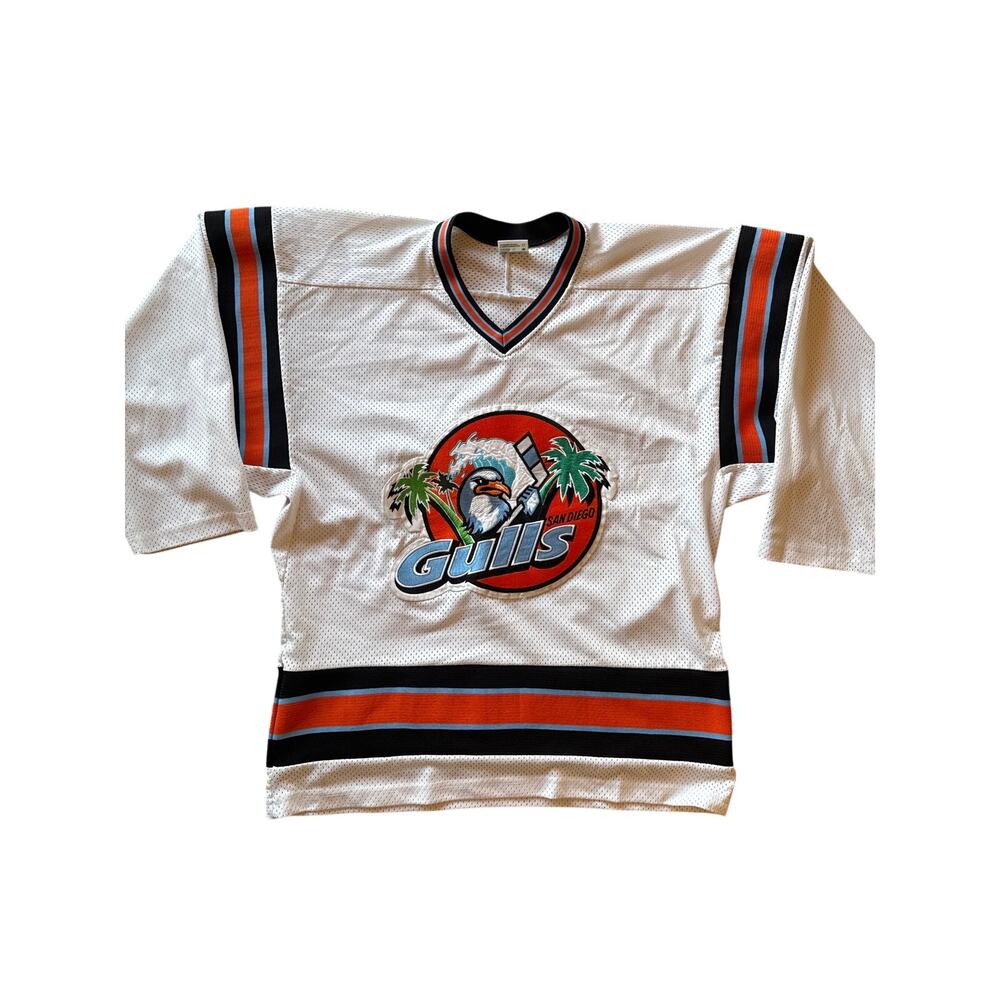 Vintage AHL San Diego Gulls USA Made AIS Medium White Hockey Jersey Patched Logo